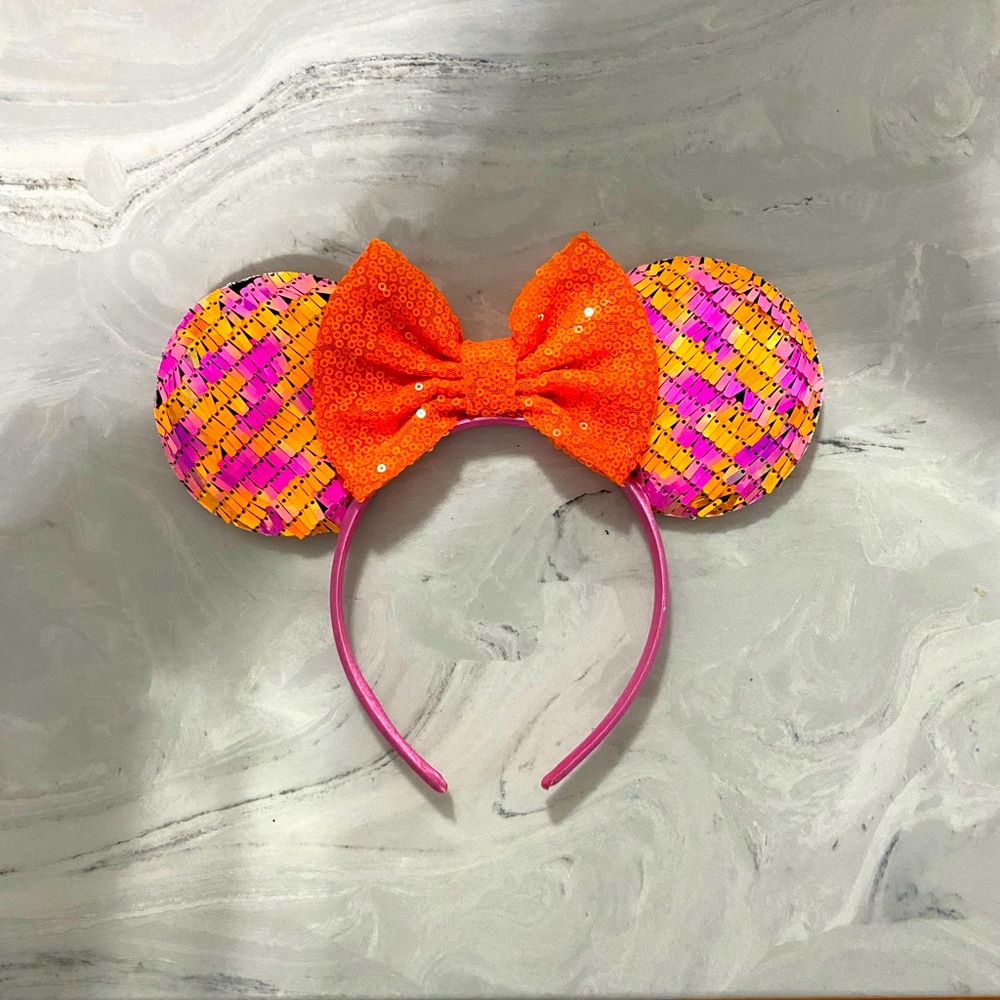 Pink and orange disco ball sequined Minnie ears/headband